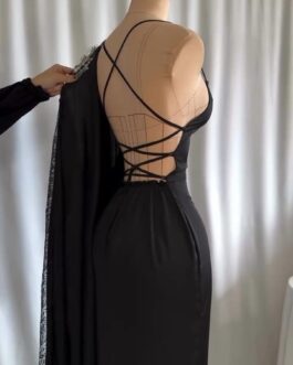 women’s elegant black nightgown lace detail v neck