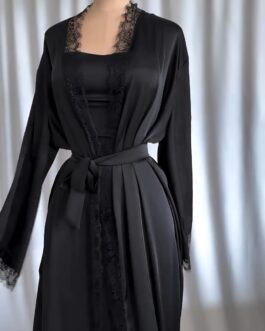 women’s elegant black nightgown lace detail v neck